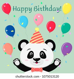 A sweet panda in a butterfly hat and tie is standing with hands up against the background of balloons in cartoon style. Happy Birthday. Vector, flat design.