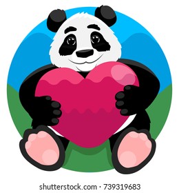 A sweet panda holds a big heart. Bright background. Vector illustration.