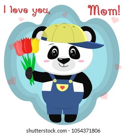 Sweet panda holds three tulips. Congratulations on your mother's day, in the style of cartoons.