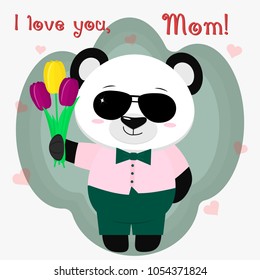 Sweet panda holds three tulips. Congratulations on your mother's day, in the style of cartoons.