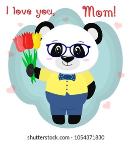Sweet panda holds three tulips. Congratulations on your mother's day, in the style of cartoons.