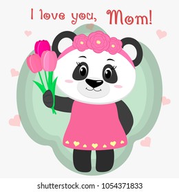 Sweet panda holds three tulips. Congratulations on your mother's day, in the style of cartoons.