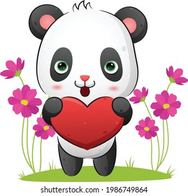 The sweet panda is hugging a love doll for valentine in the garden of the illustration