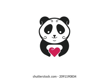 Sweet Panda Logo Symbol Design. Vector Logo Template. A youthful and organic trendy emblem of a cute panda holding a heart in its hands. Playful logomark mascot silhouette of a loving panda. EPS10