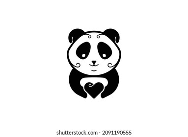 Sweet Panda Minimal Logo Symbol Design. Vector Logo Template. A youthful and organic trendy emblem of a cute panda holding a heart in its hands. Playful logomark mascot silhouette of a loving panda. E