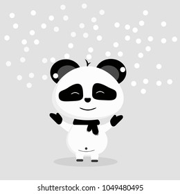 sweet panda on a gray background, panda with a black scarf around his neck, snow, happy bear