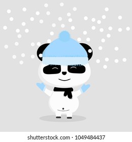 sweet panda on a gray background, panda with a black scarf around his neck, snow, happy bear, winter clothes, cap and gloves