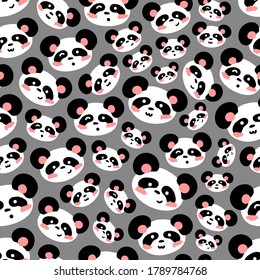 Sweet panda pattern on gray background. Great for wallpaper, web background, wrapping paper, fabric, packaging, greeting cards, invitations and more.