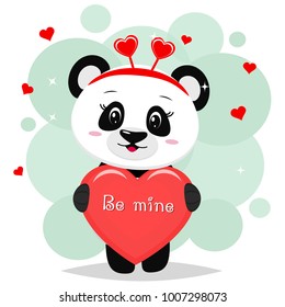 Sweet panda in a red bow is worth and keeps in the clutches of a red heart with an inscription, in the style of cartoons.
