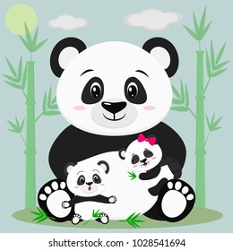 A sweet panda sits and holds a child with a bow, next to it sits another baby, he is surprised. Against the backdrop of bamboo trees, clouds and sun.