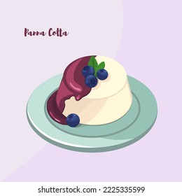 Sweet panna cotta dessert with blueberries watered with syrup. Dessert on a plate. Popular candy. Banner. Vector illustration with isolated background.