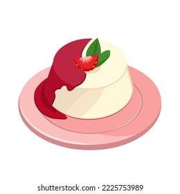 Sweet panna cotta dessert with strawberries, drizzled with syrup. Dessert on a plate. A beautiful and delicate dessert. Banner. Vector illustration with isolated background. Flat style.