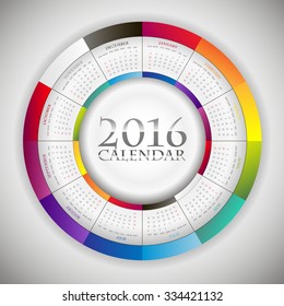 Sweet Paper Calendar 2016 in Circle composition. Original Template with rainbow colors elements