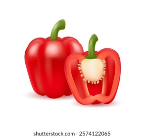 Sweet paprika vegetable, isolated realistic dietary product for cooking. Vector tasty meal, ingredient with seeds. Bell pepper for mexican and european cuisine. Seasoning or spice for food