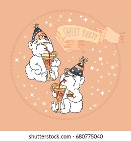 Sweet party card with two cute bears are drinking a fruit cocktail from high glasses.Vector illustration on rose background. 