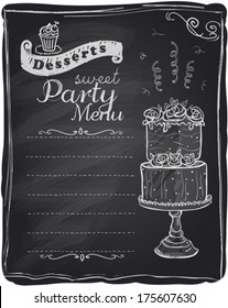 Sweet party menu, chalkboard mock up design with wedding cake and space for text