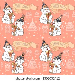 Sweet party. Vector Seamless pattern with cute bears and icons for birthday celebrations on pink background. Two  bears are drinking a fruit cocktail from high glasses.