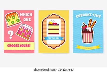 Sweet for party or wedding brochure cards set. Cake stand template of flyear, magazines, posters, book cover, banners.  Food infographic concept background. Layout illustrations pages