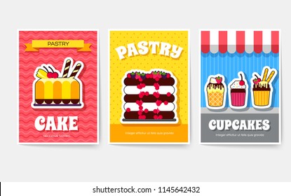 Sweet for party or wedding brochure cards set. Cake stand template of flyear, magazines, posters, book cover, banners.  Food infographic concept background. Layout illustrations pages