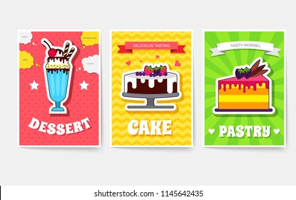 Sweet for party or wedding brochure cards set. Cake stand template of flyear, magazines, posters, book cover, banners.  Food infographic concept background. Layout illustrations pages