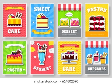 Sweet for party or wedding brochure cards set. Cake stand template of flyear, magazines, posters, book cover, banners. Food infographic concept background. Layout illustrations pages with typography