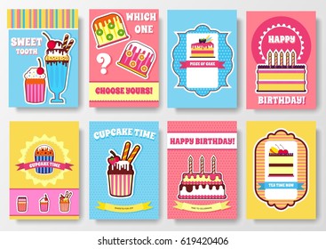 Sweet for party or wedding brochure cards set. Cake stand template of flyer, magazines, posters, book cover, banners. Food infographic concept background. Layout illustrations pages with typography