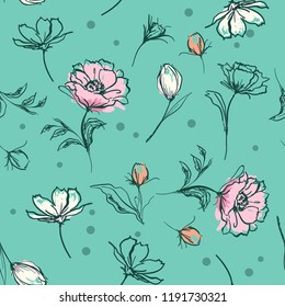 Sweet pastel  botanical flowers Hand brush strokes line sketch style. Vector seamless pattern illustration design for fashion,fabric ,and all prints on green mint background color