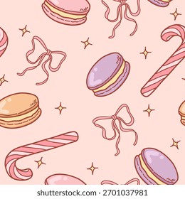 Sweet pastel candy and macaron seamless pattern with bows and sparkles on pink background