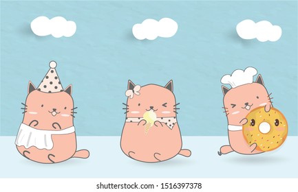 sweet pastel cat action.kawaii animal holding donut ice cream chef design.cover banner for bakery product.dessert delicious paper background cloud cute style set.charater adorable cartoon.bow and hat.