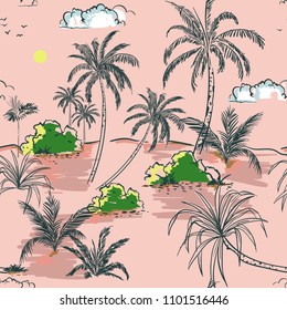 Sweet pastel color Island and palm trees hand drawing sketch line in seamless pattern vectoe for fashion fabric and all prints on pink background