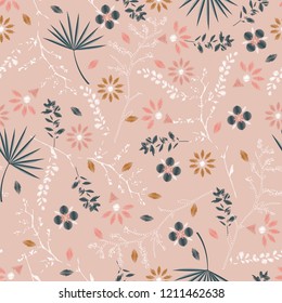 Sweet pastel  Embroidery colorful floral seamless pattern with liberty botanical leaves. Vector  flowers bouquet on light pink background for textile design