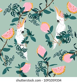 Sweet pastel forest print. Parrot bird in the jungle with lemon in the summer exotic wild life allover design, seamless pattern vector for fashion ,wallpaper and all prints on green mint Sweet pastel forest print. Parrot bird in the jungle with lemon in the summer exotic wild life allover design, seamless pattern vector for fashion ,wallpaper and all prints on green mint