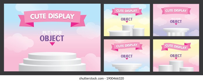 Sweet pastel gradient color background with 3D illustration white product stage and pink ribbon sign vector set.