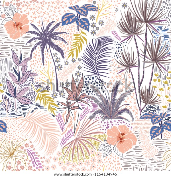 Sweet Pastel hand sketch tropical dark summer forest pattern with colorful palm trees, leaves, exotic wild and plants in hand drawn style for fashion wallpaper for walls.