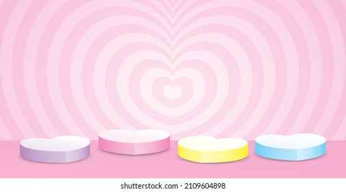 sweet pastel heart shape podiums 3d illustration vector with cute heart graphic wall background for putting your object