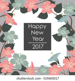 Sweet Pastel Hibiscus  Wedding Card Vector Art With Texts Happy New Year 2017
