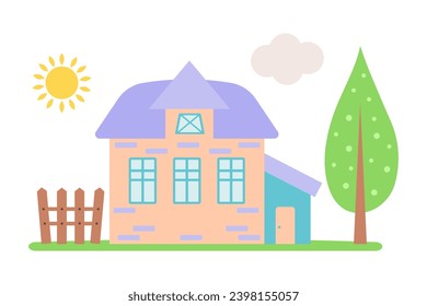 Sweet pastel home with tree, fence, sun and cloud. Cute cartoon dollhouse. Hand drawn vector illustration isolated on white background.