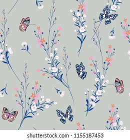 Sweet pastel Meadow flowers blowing in the wind with butterflies soft and gentle seamless pattern on vector design for fashion,fabric,wallpaper and all prints on light grey background.