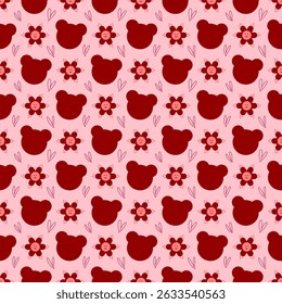 sweet pastel pink seamless pattern with love line motif, romantic red flowers and cute touch of bear head silhouette