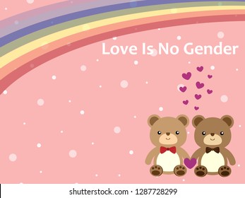 Sweet pastel pink and white dot background with two cute brown bear hold hand together decorate with purple heart and rainbow to present Love is no gender. Love theme vector design for Valentine day.