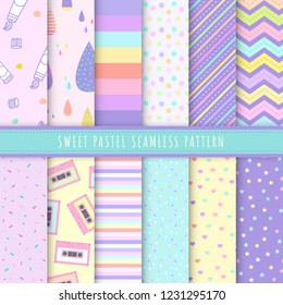 Sweet Pastel seamless pattern collection. Set of 12 colorful background with polka dot, stripe and simple symbol. Kawaii patterns vector for gift wrap, wallpaper, wrapping paper and fabric patterns. 