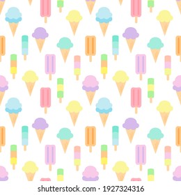 Sweet pastel seamless pattern of ice-cream isolated on white background. They are colorful and suitable for wrapping paper or fabric in summer.