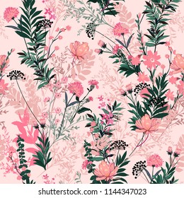 Sweet pastel Soft and gentle in the summer garden full of  blooming flower seamless pattern vector ,hand drawing style for fashion, fabric and all prints on light pink background.
