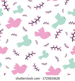 Sweet pastel tiny birds with berries. Vector repeat. Great for kids, home decor, wrapping, scrapbooking, wallpaper, gift, kids, apparel. 