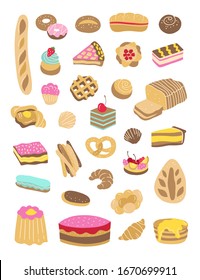 Sweet pastries and baked goods vector set. Bread, cakes, cupcakes, pies illustration isolated on white background