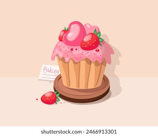 Sweet pastries, baking, dessert, soufflé. Cake and hearts. Sweets day. Delicate cream cake. Valentine's day, wedding, holiday decor. Design for cards. Vector illustration. Isolated background.