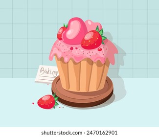 Sweet pastries, baking, dessert, soufflé. Cake and hearts. Sweets day. Delicate cream cake. Valentine's day, wedding, holiday decor. Design for cards. Vector illustration. Isolated background.