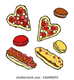 Sweet pastries: cakes, eclairs, macaroon. Isolated vector objects on white background.