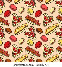Sweet pastries: cakes, eclairs, macaroon. Seamless vector pattern (background).
