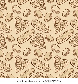 Sweet pastries: cakes, eclairs, macaroon. Seamless vector pattern (background).